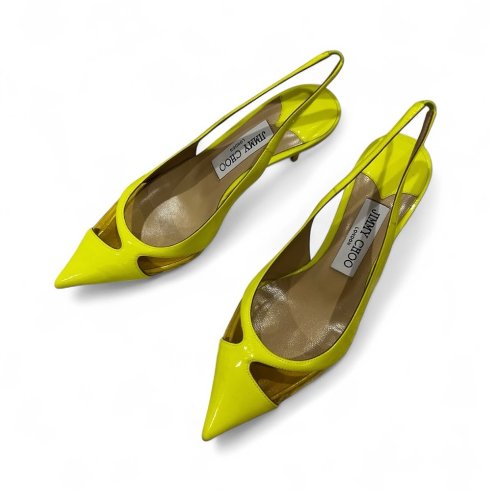 New Jimmy Choo Ginnie 65 Slingback Pumps | Neon Yellow Patent | Pointed Toe